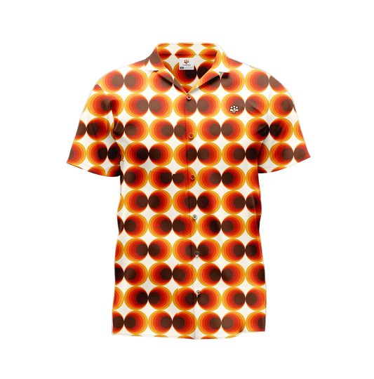 A polo shirt with an orange and white geometric pattern.