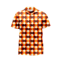 A polo shirt with an orange and white geometric pattern.