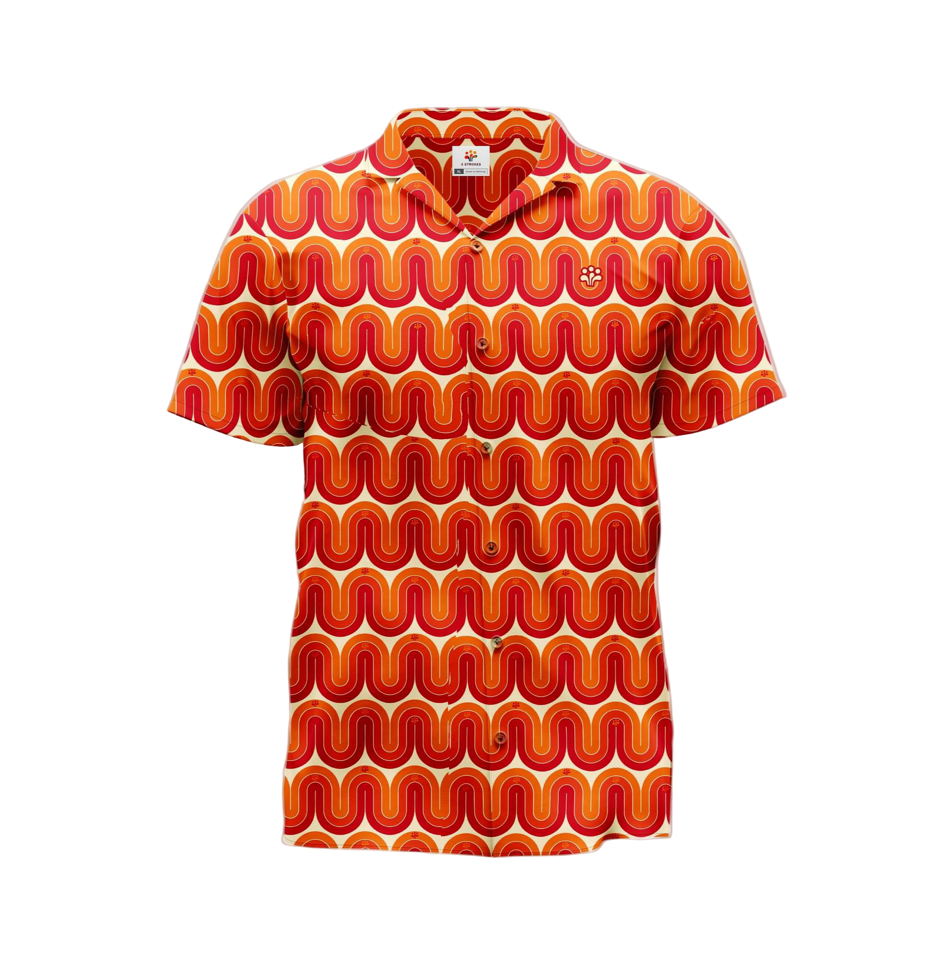 Red and orange wavy patterned shirt on a white background