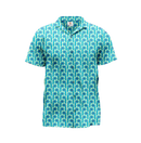 A short-sleeved button-up shirt with a geometric pattern in shades of blue.