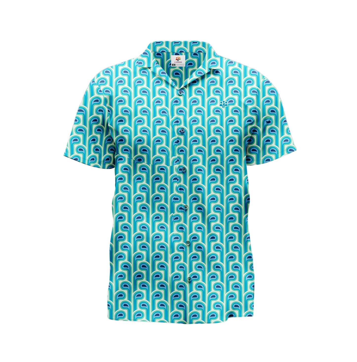 A short-sleeved button-up shirt with a geometric pattern in shades of blue.