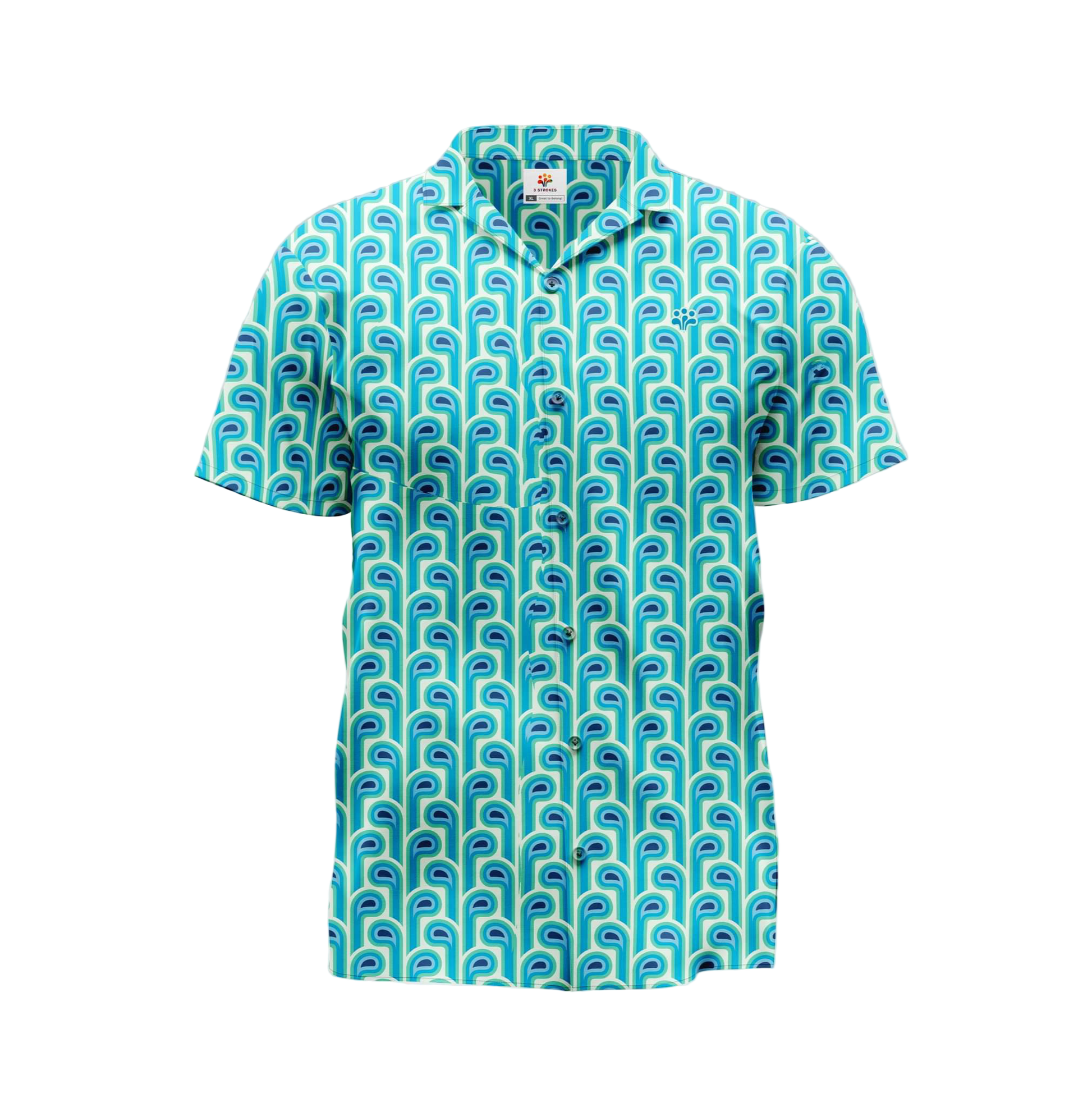 A short-sleeved button-up shirt with a geometric pattern in shades of blue.