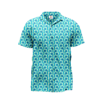 A short-sleeved button-up shirt with a geometric pattern in shades of blue.