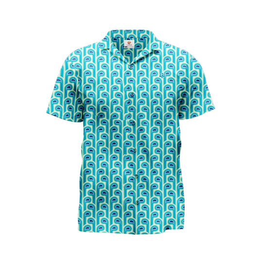 A short-sleeved button-up shirt with a geometric pattern in shades of blue.