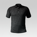 Black polo shirt with subtle pattern on a light gray background