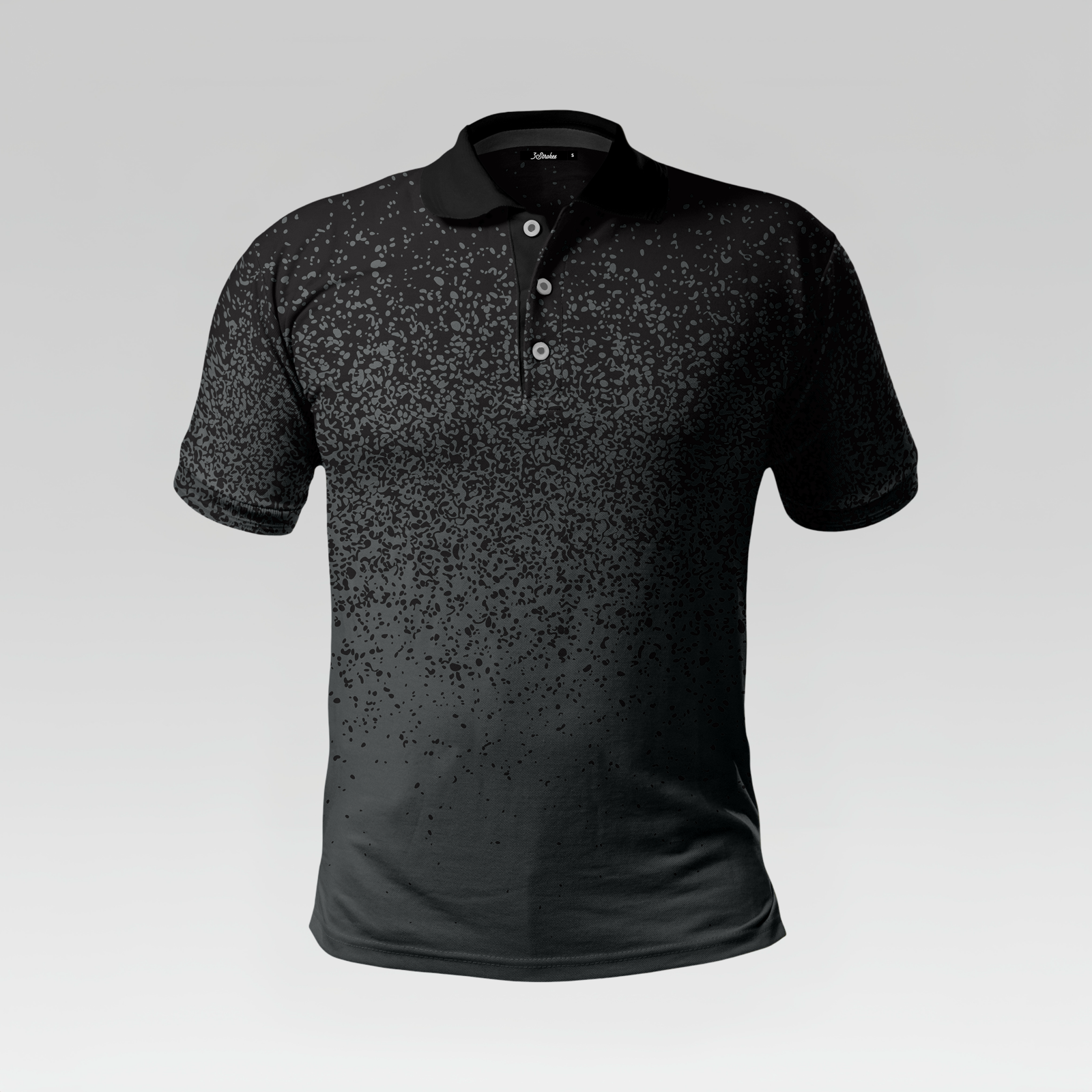 Black polo shirt with subtle pattern on a light gray background