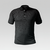 Black polo shirt with subtle pattern on a light gray background