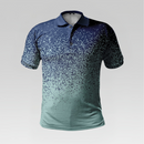 Gradient polo shirt with blue and green design on a light gray background
