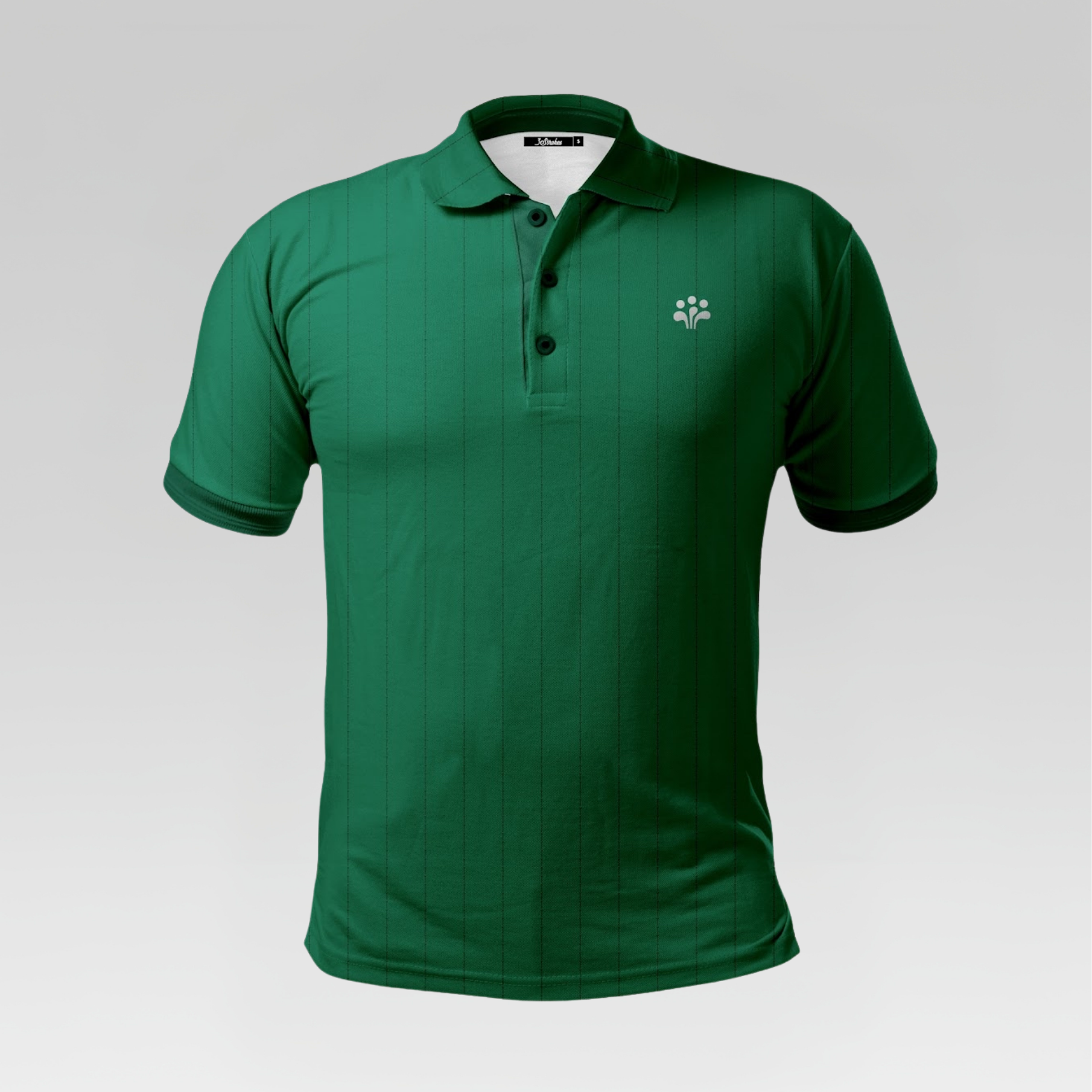 Green polo shirt with a small logo on a gray background