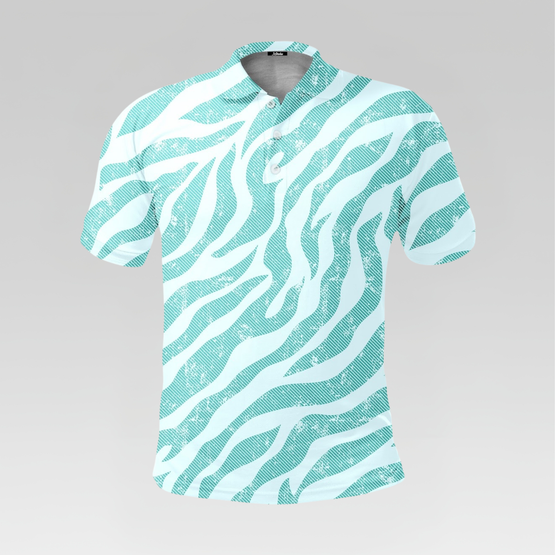 Teal and white zebra pattern shirt on a gray background