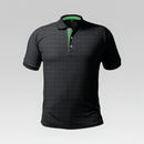 Black polo shirt with green collar on a gray background