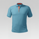 Blue patterned polo shirt on a gray background