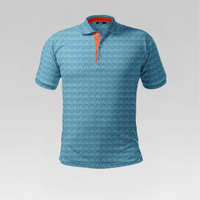 Blue patterned polo shirt on a gray background