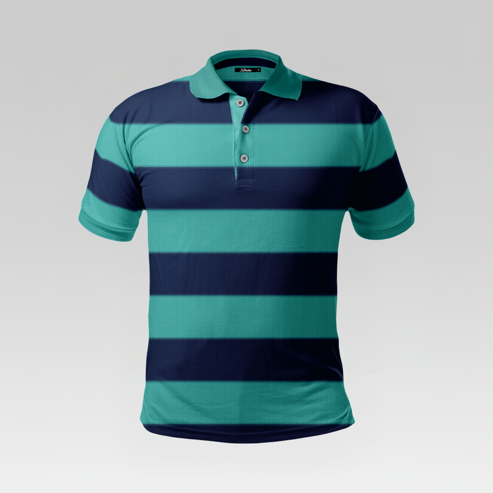 Green and navy striped polo shirt on a light gray background