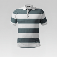 Striped polo shirt with green and white pattern on a gray background