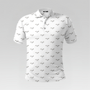 Front view of the Albatross Pro Polo Shirt in Regular Fit featuring a white body with fine black flying albatross silhouettes and a three-button placket.