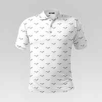 Front view of the Albatross Pro Polo Shirt in Regular Fit featuring a white body with fine black flying albatross silhouettes and a three-button placket.