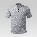 Front view of the Arctic Camo Pro Polo Shirt in Regular Fit featuring a grey scale camouflage pattern with black buttons.
