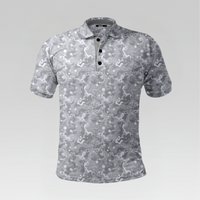 Front view of the Arctic Camo Pro Polo Shirt in Regular Fit featuring a grey scale camouflage pattern with black buttons.