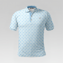 Front view of the Azure Lattice Pro Polo Shirt in Regular Fit featuring a light blue and white geometric pattern, three-button placket, and chest logo.