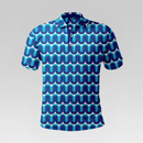 Front view of the Blue Retro Wave Pro Polo Shirt in Regular Fit featuring an all-over horizontal pattern of blue wavy arches on white with a navy three-button placket.