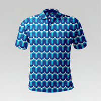 Front view of the Blue Retro Wave Pro Polo Shirt in Regular Fit featuring an all-over horizontal pattern of blue wavy arches on white with a navy three-button placket.