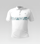 Front view of the Coastal Foliage Pro Polo Shirt in Regular Fit featuring a white body with a teal botanical leaf chest band and three-button placket.