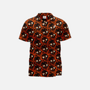Front view of the Ember Noir Halloween short-sleeve button-down shirt featuring an intricate all-over graphic print of black skulls outlined in glowing orange fiery embers.