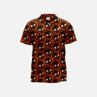 Front view of the Ember Noir Halloween short-sleeve button-down shirt featuring an intricate all-over graphic print of black skulls outlined in glowing orange fiery embers.