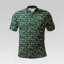 Front view of the Fairway Doodle Pro Polo Shirt in Regular Fit featuring a forest green base with an all-over gold golf doodle print and three-button placket.