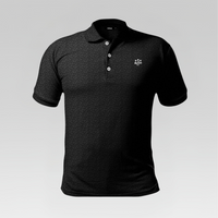 Front view of the Shadow Mosaic Pro Polo Shirt in Regular Fit featuring a black tonal micro-pattern, three-button placket, and chest logo.