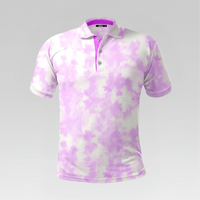 Front view of the Lavender Drift Pro Polo Shirt in Regular Fit featuring a white and light lavender tie-dye pattern with a vivid magenta inner placket