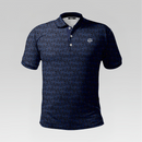 Front view of the Midnight Palm Pro Polo Shirt in Regular Fit featuring a dark navy palm tree pattern, three-button placket, and chest logo.