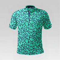 Front view of the Mint Mosaic Pro Polo Shirt in Regular Fit featuring a mint green background with a dark navy cracked mosaic pattern and three-button placket.
