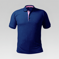 Front view of the Navy Blossom Pro Polo Shirt in Regular Fit featuring a navy micro-patterned body with a contrasting pink inner placket and collar lining.