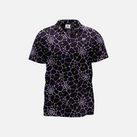 Front view of the Neon Arachnid Halloween short-sleeve button-down shirt featuring a black and white spider web pattern with neon green spiders and an open camp collar.