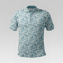 Front view of the Ocean Wave Pro Polo Shirt in Regular Fit featuring an all-over slate blue and white Japanese cresting ocean wave pattern with a three-button placket.