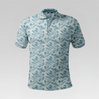 Front view of the Ocean Wave Pro Polo Shirt in Regular Fit featuring an all-over slate blue and white Japanese cresting ocean wave pattern with a three-button placket.