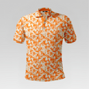 Front view of the Orange Cat Pro Polo Shirt in Regular Fit featuring an all-over orange and white cat silhouette pattern with a three-button placket.
