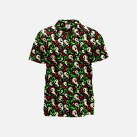 Front view of the Phantom Halloween short-sleeve button-down shirt featuring an all-over print of floating white ghastly ghosts and swirling green and red flames on a black backdrop.