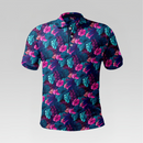 Front view of the Pink & Teal Leaf Pro Polo Shirt in Regular Fit featuring an all-over print of bright pink blossoms and teal tropical leaves with a three-button placket.