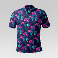 Front view of the Pink & Teal Leaf Pro Polo Shirt in Regular Fit featuring an all-over print of bright pink blossoms and teal tropical leaves with a three-button placket.
