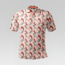 Front view of the Pink Parrots Pro Polo Shirt in Regular Fit featuring a blush pink body with an all-over parrot and botanical floral print and a coral-peach inner placket.