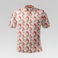 Front view of the Pink Parrots Pro Polo Shirt in Regular Fit featuring a blush pink body with an all-over parrot and botanical floral print and a coral-peach inner placket.