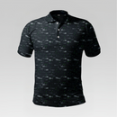 Front view of the Shadow Shark Pro Polo Shirt in Regular Fit featuring a dark charcoal body with grey shark silhouettes, lime green micro-dots, and a three-button placket.