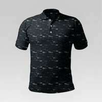 Front view of the Shadow Shark Pro Polo Shirt in Regular Fit featuring a dark charcoal body with grey shark silhouettes, lime green micro-dots, and a three-button placket.