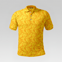 Front view of the Solar Flare Pro Polo Shirt in Regular Fit featuring a golden yellow and orange abstract splatter print with a three-button placket.