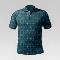 Front view of the Teal Mosaic Pro Polo Shirt in Regular Fit featuring an all-over deep teal geometric starburst motif with gold accents and a three-button placket.
