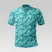 Front view of the Turquoise Wave Pro Polo Shirt in Regular Fit featuring a light turquoise body with a dark teal topographic camo pattern and a three-button placket.