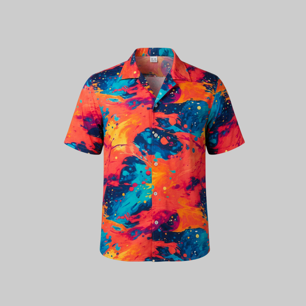 Multicolored vibrant series 7 polo shirt in hues of red, blue, and yellow.